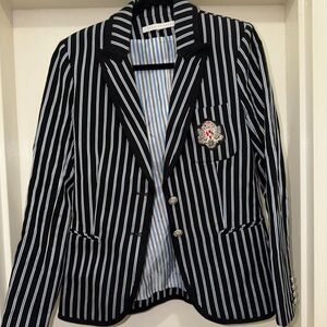 Veronica Beard Black and White Striped Blazer with Crest Patch